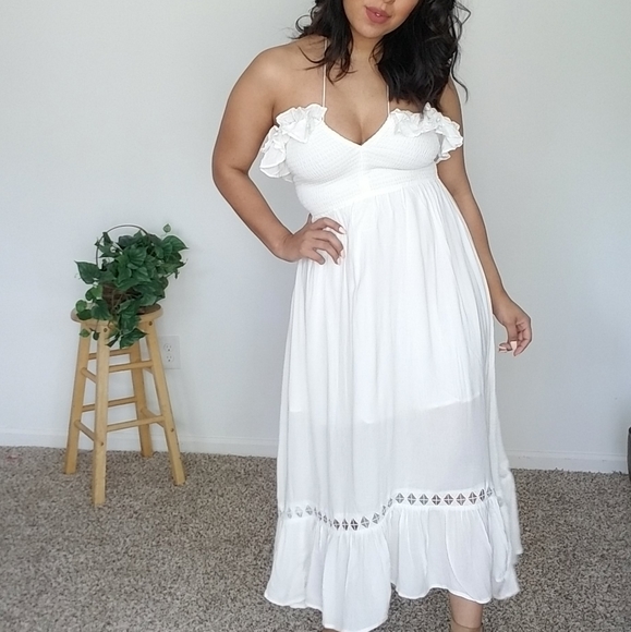 DOVES AND ROSES WHITE RUFFLE SMOCKED MIDI DRESS - Picture 10 of 16